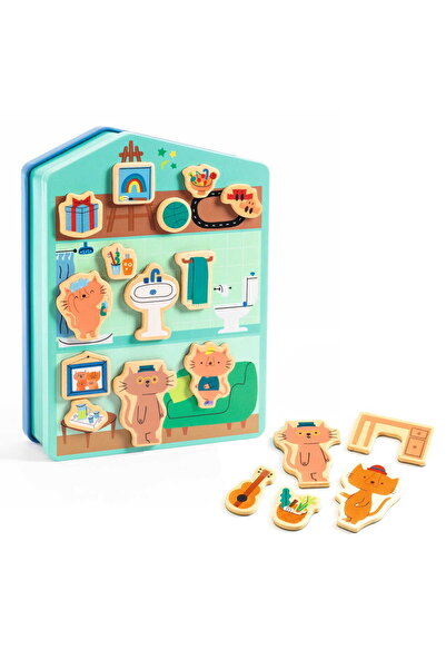 djeco Puzzle magnetic CASA PISICILOR, cu două fețe, magneți cu pisicuțe