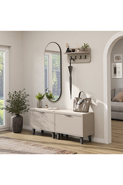ROOMART Nord Vestiyer Takımı Askılıklı, Kapaklı Bench, Modüler, Oval Aynalı P...