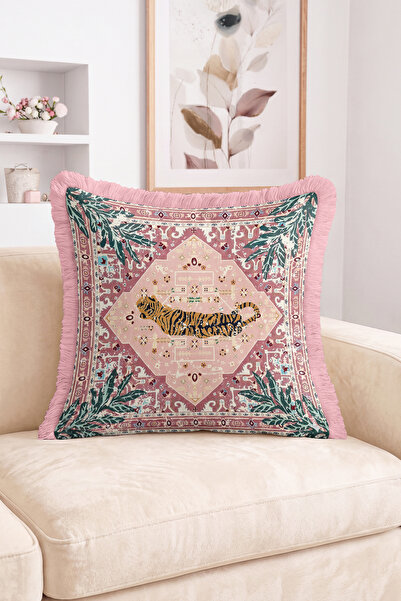 Realhomes Tiger Figured Ethnic Kilim Motif and Leaf Detailed Fringed Throw Pi...