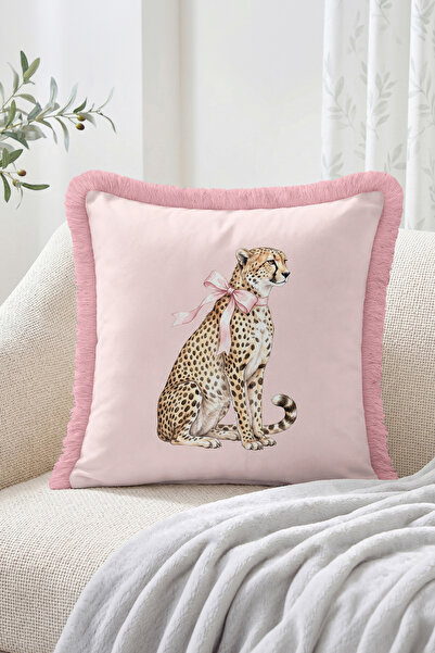 Realhomes Fringed Throw Pillow Cover with Bow and Cheetah Figure, Decorative ...