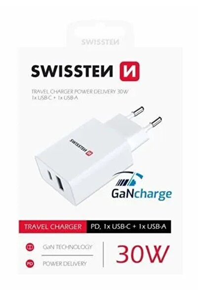 NO BRAND Încărcător de rețea PD GaN 1x USB-C + 1x USB 30W adaptor rapid SWISSTEN