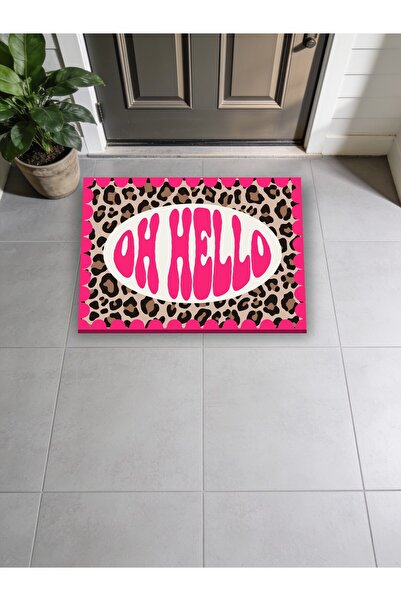 Leopar Desenli Oh Hello Yazili Dijital Baski Kapi Onu Paspasi 45x70 Yikanabilir Kaymaz Taban