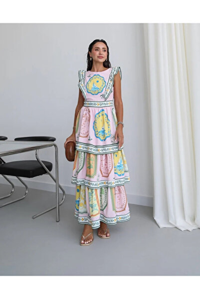 FEMMESTUDIO Kadın Pembe Desenli Maxi Elbise