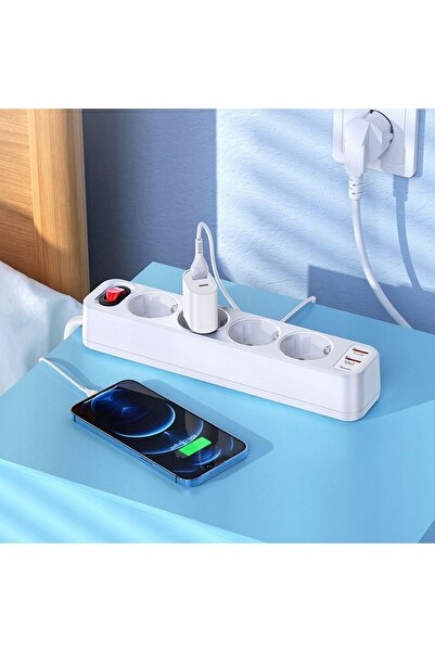 NO BRAND Prelungitor HOCO cu 4 prize + 2 x USB QC3.0 18W + Type C PD 20W Aura