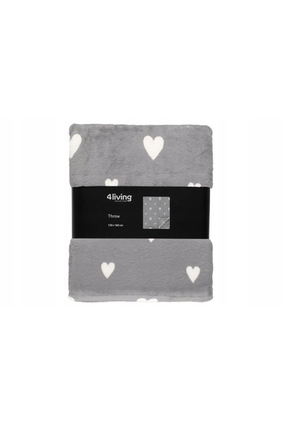4LIVING Pătură polar fleece gri cu inimi albe, poliester, 130 x 160 cm