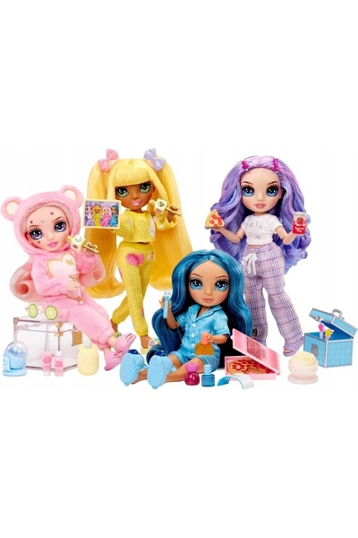 Rainbow High JUNIOR LALKA ÎN PIGIAMA VIOLETĂ petrecere în pijamale + PIZZĂ