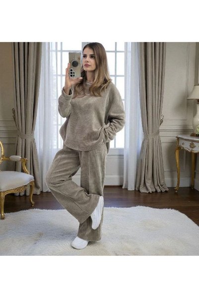 MAXORA SHOP Ribbed Melody ribbed set, Oversized blouse and wide-leg pants Beige