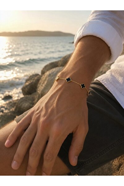ATALYA ACCESSORY Men's Small Clover Figured Steel Chain Bracelet