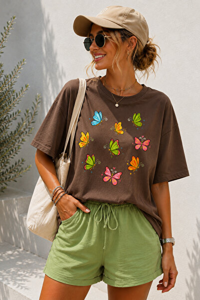 ArtYus Colorful Butterfly Printed Crew Neck Casual Unisex Oversize T-Shirt - ...