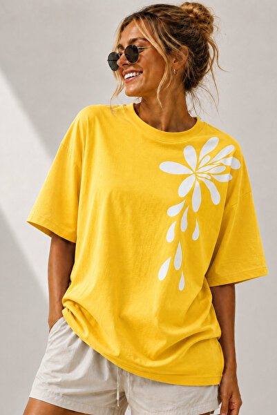 ArtYus Minimal Floral Printed Crew Neck Casual Unisex Oversize T-Shirt - Flor...
