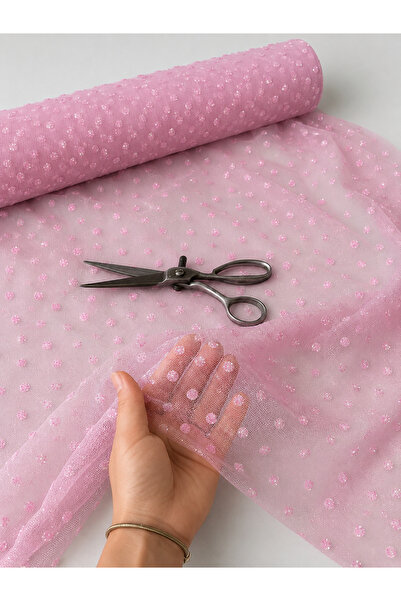 Çelikler Tekstil Pembe Simli Puantiyeli Tül Kumaş