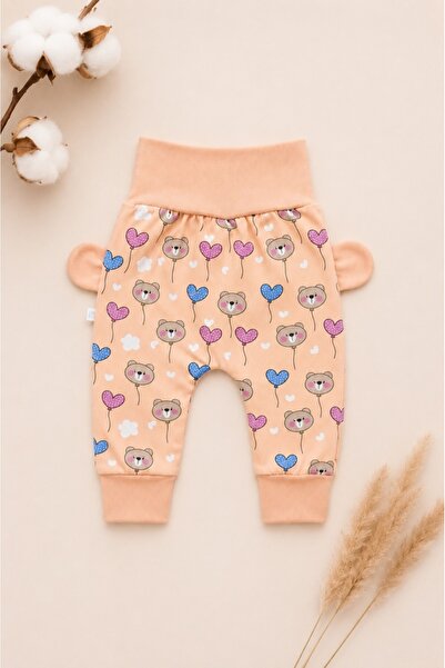 Pure Boutique Pantaloni bebe piersica din bumbac cu ursuleti, inimioare si ur...