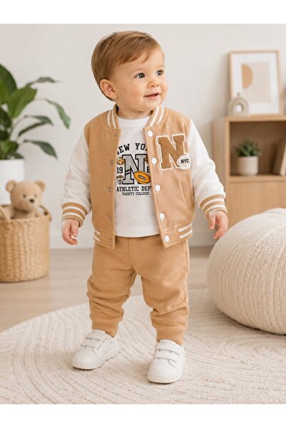 Pure Boutique Trening bebe 3 piese camel din bumbac cu bluza, jacheta college...