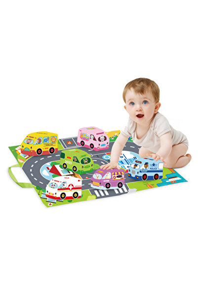 OEM Set de 6 mașinuțe textile pentru bebeluși cu covoraș de joacă 31 × 25 cm
