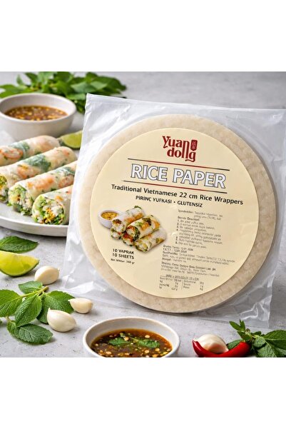 yuandong 20 Yaprak Pirinç Yufkası, 10 Yaprak (22 cm) X 2 li Paket – Rice Paper Glutensiz| Vietnam Usulü Spring Roll & Sushi İçin İnce ve Esnek Pirinç Kağıdı