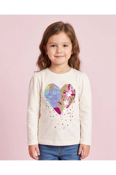 REDTAG Girls Ivory Sequin Heart Long Sleeve T-Shirt