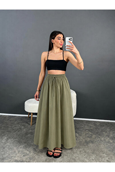 My Blog Khaki Elastic Waist Poplin Skirt - E1012