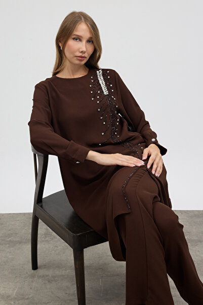 VAVİNOR Stone Embellished Plus Size Suit - Brown