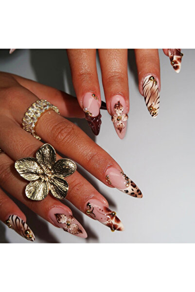 Choice13 3431 Medium fake nails for women Gradient nude brown blue flowers or...
