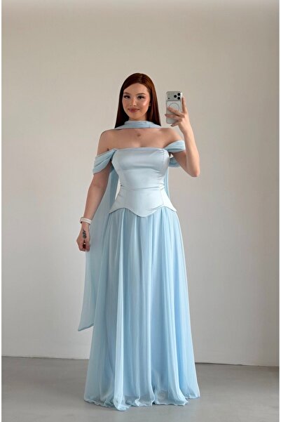 ayşenur Dinçer butik Luvia Saten Korseli Fularlı Abiye Bebe Mavisi