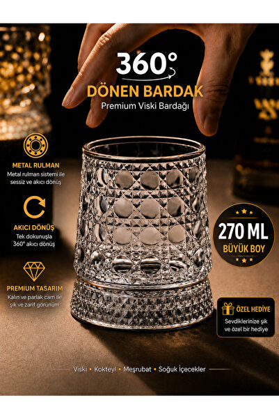 LIOSPIN Metal Rulmanlı 360° Dönen Premium Cam Bardak | KKristal Desenli Premi...