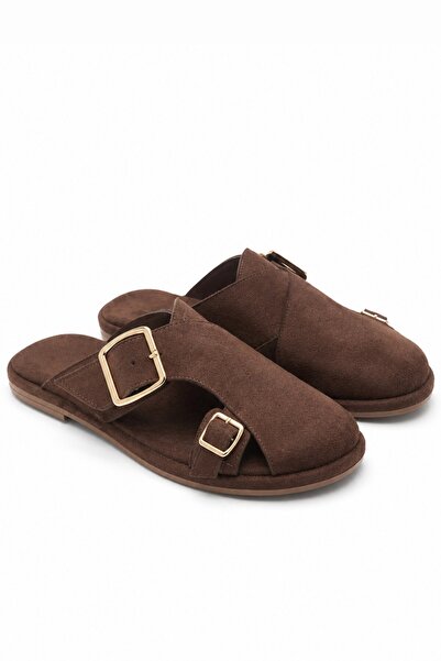 İX Almond Women's Brown Double Buckle Detailed Suede Slippers