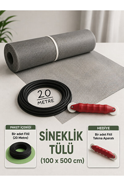 Genel Markalar Sineklik Tülü 100x500 cm Gri + 20 Metre Siyah Fitil + Fitil Ta...
