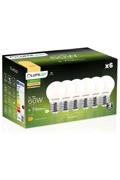 Lumiled 6x Bec LED E27 tip bilă P45 7W = 60W 806lm 3000K Cald 360 °   FILAMENT