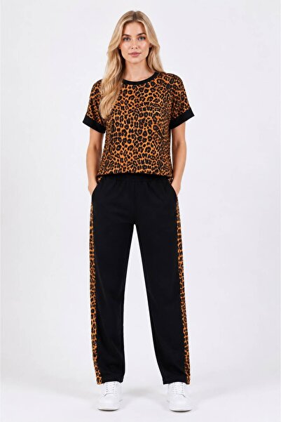 Trendingsize Set dublu cu mâneci scurte din țesătură cu imprimeu leopard și c...
