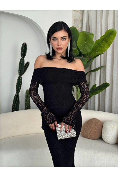Moda Days فستان نسائي متوسط الطول من الدانتيل الأسود بياقة قارب وأكمام طويلة ...