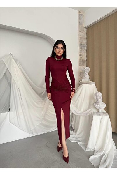 Moda Days Women's Burgundy High Neck Long Sleeve Gathered Slit Midi Pencil Dress