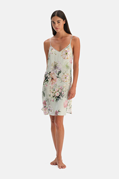 Dagi Ada Tea Flower Patterned Thin Strap Woven Nightgown