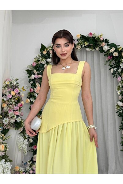 Clothes Fast فستان ساري نسائي متوسط الطول بياقة مربعة وحزام وفتحة جانبية من ا...