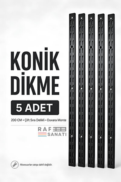 Raf Sanatı 5 Adet - Konik Dikme 200 cm Siyah – Çift Sıra Delikli Modüler Mağa...