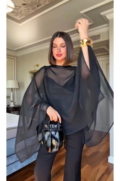 VIORA FASHION Asimetrik Kesim Premium Şifon Bluz&Pelerin
