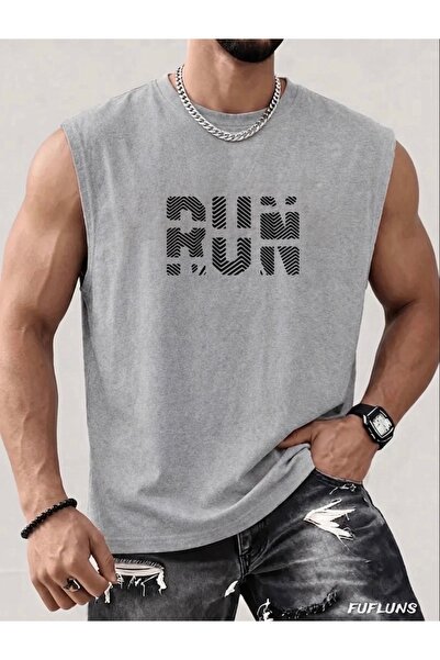 FUFLUNS تي شيرت رجالي بدون أكمام بطباعة RUN ذو تصميم عادي وياقة دائرية رياضية...