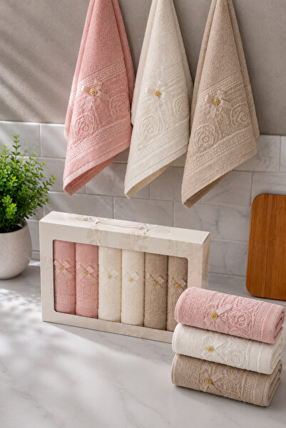 İz Home 6lı Fiyonk Dantel Detaylı Kutulu Mutfak Havlusu Seti | %100 Pamuk | 30x50 CM | Hediyelik - Çeyizlik | Pembe Bej Kahve | Orkidem