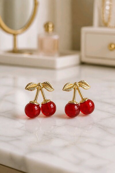 mosmoda Gold Kırmızı Kiraz Küpe, Uzunluk:2 cm, Genişlik:2cm