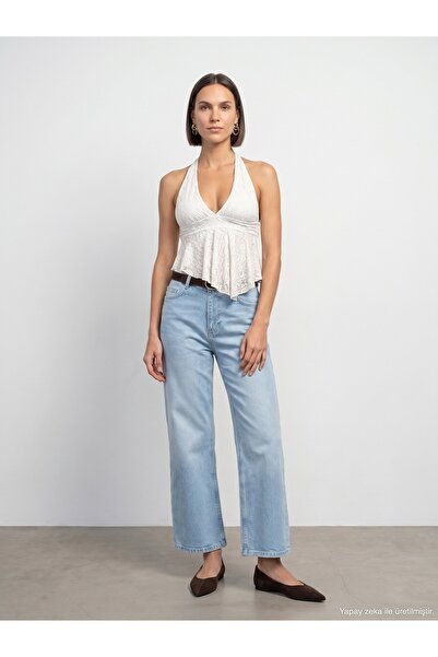 Dilvin 21228 Dantel Halter Yaka Top-Ekru