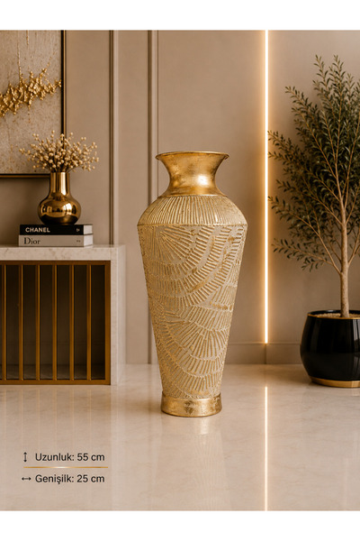 Hinora Dekoratif Metal Yer Vazosu 55 cm Gold Eskitme Etnik Desenli Büyük Boy ...