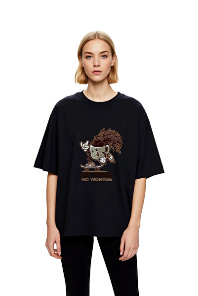 PayBuy Γυναικείο μπλουζάκι Oversize με στάμπα καφέ χιούμορ και φιγούρα σκέιτμ...