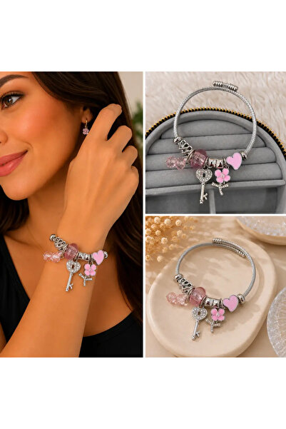 Bozhi Pink Heart and Key Accessory Detailed Silver Color Women's Accessory St...