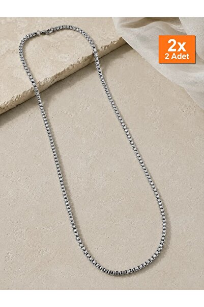 Bozhi Silver Color Box Chain Necklace 60 cm Square Cut Unisex Steel