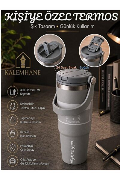 kalemhane Kişiye Özel Termos – 900 ML 24 Saate Kadar Sıcak ve Soğuk Tutma (GRİ)