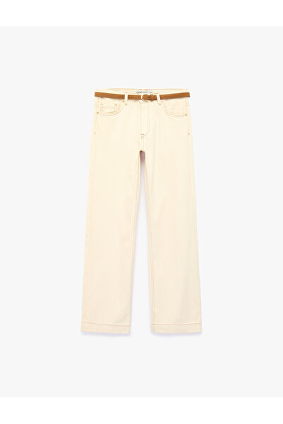 Koton Cotton Belted Pocketed Regular Waist Long Straight Leg Trousers - Strai...