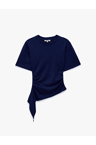 Koton Asymmetrical Cut Cotton Drawstring Crew Neck Short Sleeve T-Shirt