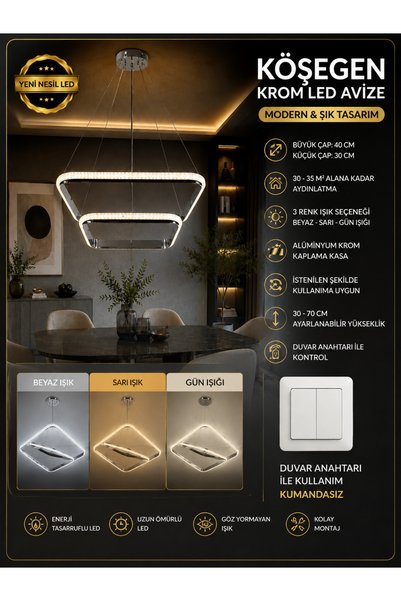 mubeda aydınlatma Köşegen Krom LED Avize - 3 Renk Aydınlatma Seçeneği (KUMAND...