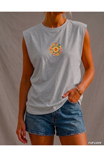 FUFLUNS Flower Printed Women's Regular Fit Crew Neck Sports Sleeveless T-Shirt