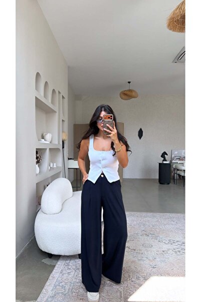 Buket Teke Navy Blue Zr Model Thin Crepe Fabric Trousers