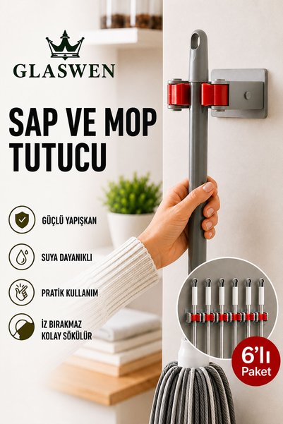 GLASWEN 6 Adet Paspas Süpürge Fırça Ve Mop Askısı Sap Tutucu Mutfak Banyo Ask...